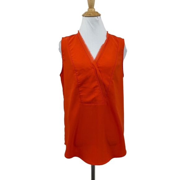Rachel Zoe Blouse Women M Medium Flame Frayed V Neck Sleeveless Crepe Curved Hem - Picture 1 of 10